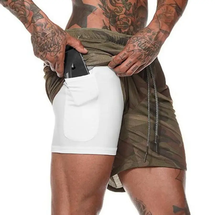 Joggers Shorts Mens 2 in 1 Short Pants Gyms Fitness Bodybuilding Workout Quick Dry Beach Shorts Male Summer Sportswear Bottoms - Цвет: Brown camo