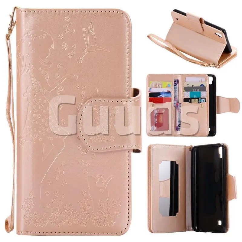 Embossing Cat Girl 9 Card Leather Wallet Case for LG X Power LS755 K220DS K220 US610 K450 - Gold