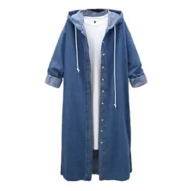 Новинка весны, женское джинсовое длинное пальто, корейское свободное джинсовое пальто с капюшоном, повседневное джинсовое пальто большого размера, Женская ветровка, куртка 4XL - Цвет: Navy blue