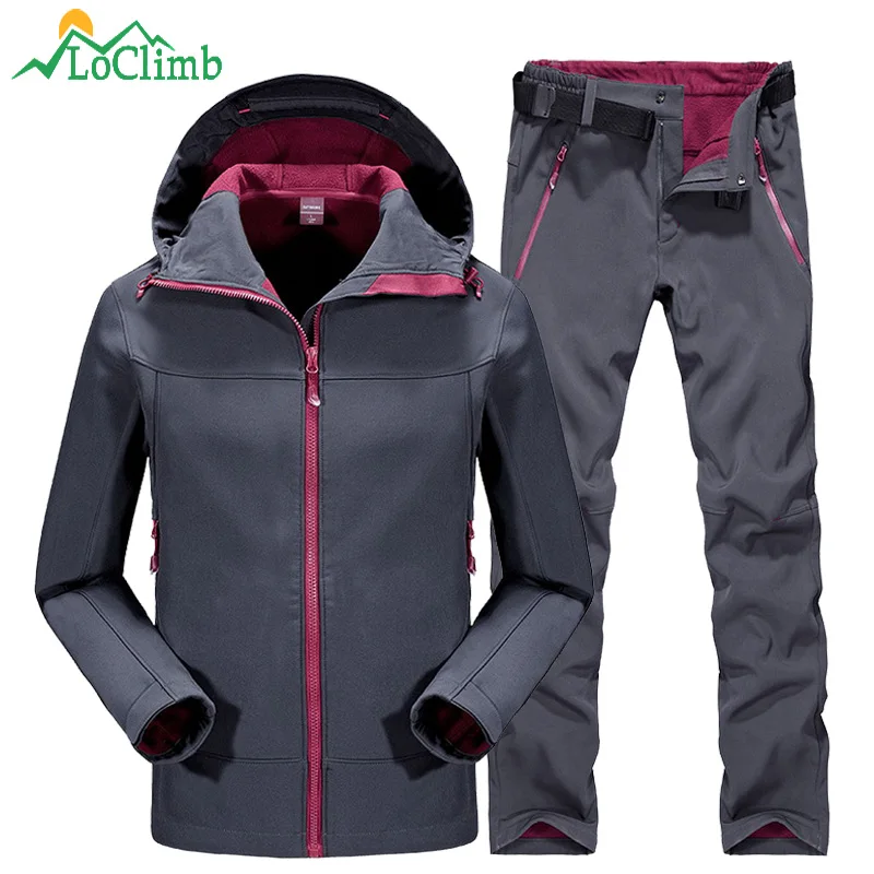 LoClimb Waterproof Softshell Ski Jacket Men Women Winter Fleece Outdoor Sports Pants Trekking Fishing Hiking Jackets Suit AM092