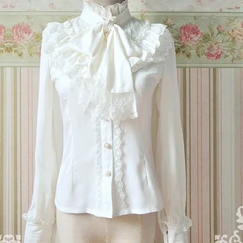 

Spring Vintage Chiffon Lolita Blouse Women Clothing Lace Bow Ruffles Harajuku Solid Long Lantern Sleeve Shirt Blusas Tops V101