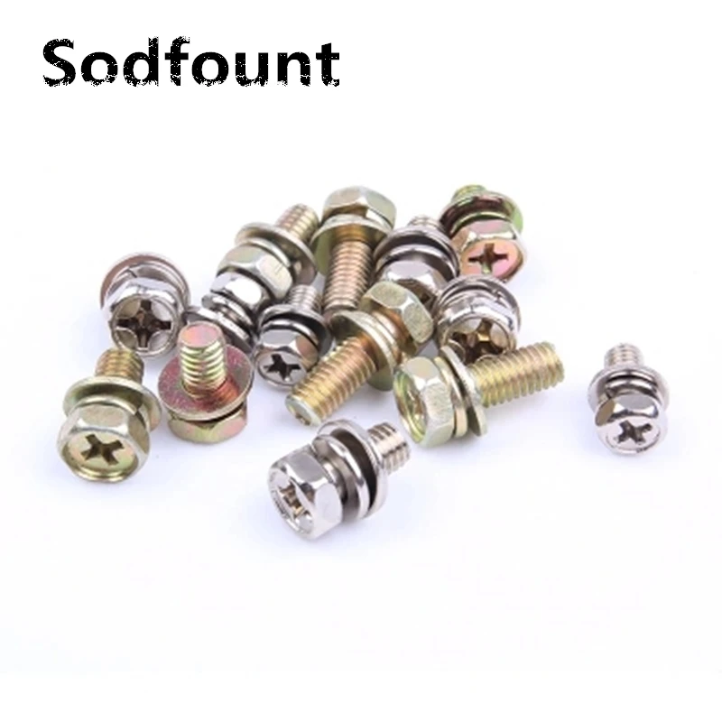 

50pcs/Lot Cross recessed hexagonal three combination screw M3 M4 Nickel plated washer with hexagonal combination screw
