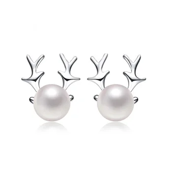 

925 Sterling Silver Pin Deer Horn Earrings Darling Elk Pearl Pin-up Girl Birthday Gifts