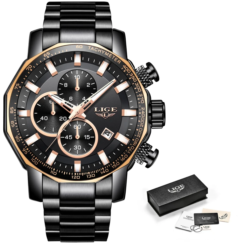 LIGE New Mens Watches Top Brand Luxury Full Steel Sport Chronograph Waterproof Big Dial Watch Men Quartz Clock Relogio Masculino
