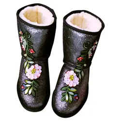 Роскошные женские зимние ботинки 2018 теплый плюш меха женская зимняя обувь цветок вышивка пайетками ботинки на плоской подошве, до середины