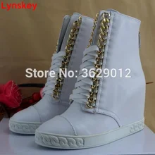Lynskey Women Hidden Wedge Platform Fashion Ankle Booties Lace Up Metal Chain Height Increasing Short Boots Shoes