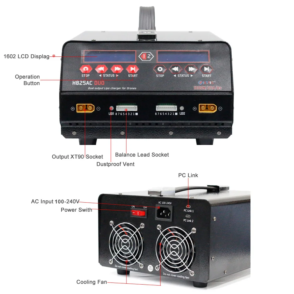 HTRC H825AC DUO 1-8s Lipo/Lihv батарея баланс зарядное устройство 1200 Вт 25A двойной порт для сельскохозяйственной защиты растений БПЛА распыления Дрон