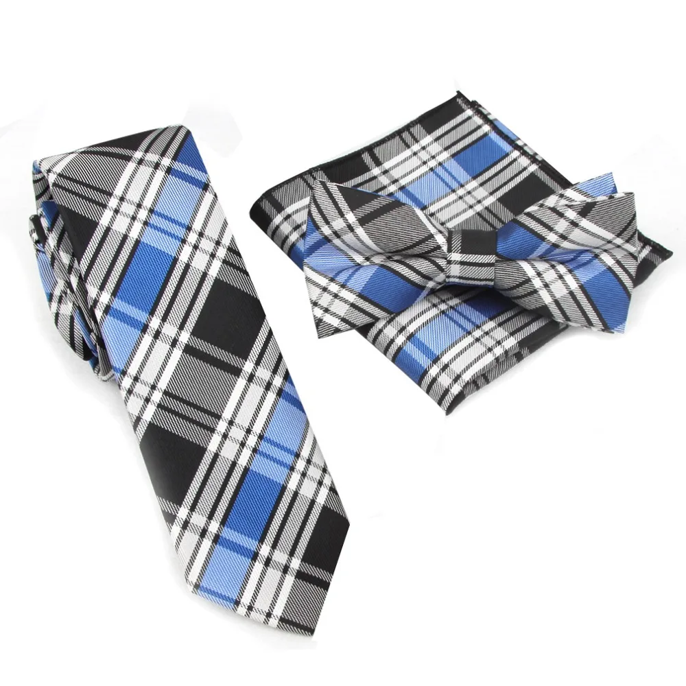  2019 Slim Tie Plaid Ties Set Bowtie Handkerchief Pocket square Necktie 21 colors