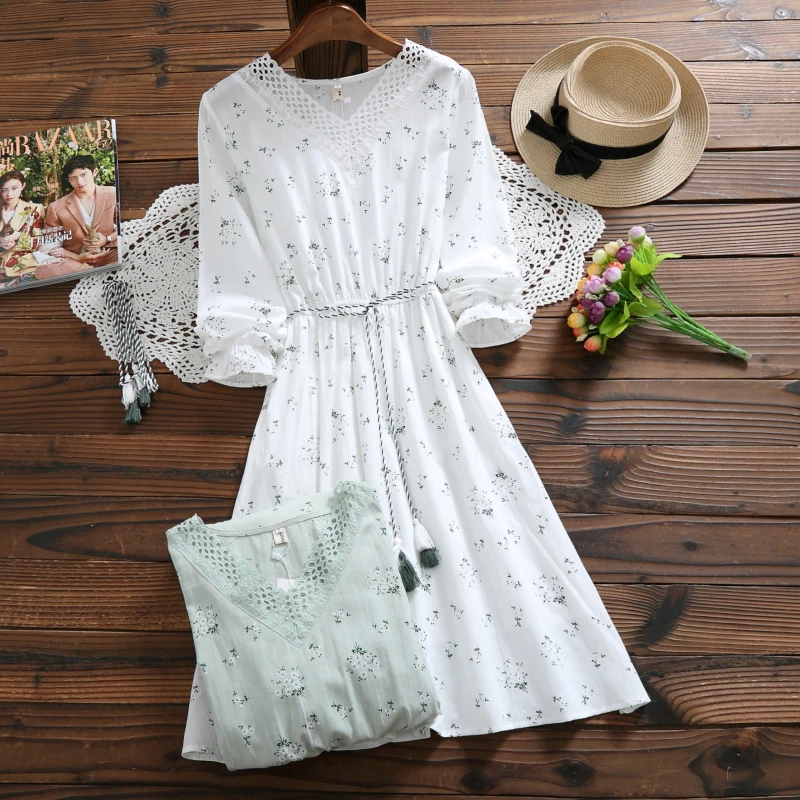 2018 Autumn Spring Floral Chic Women Dress V Neck Elegant White Green Vestidos Mujer Mori Girl Cotton Linen Tassel Kawaii Dress
