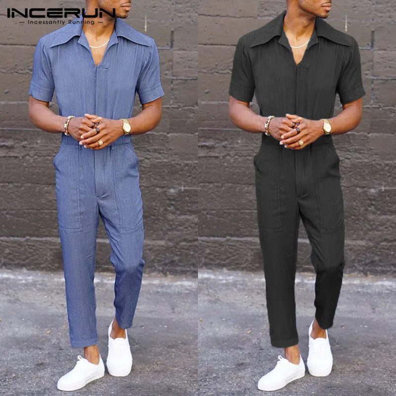 INCERUN Men Lapel Neck New Fashion Slim Loose Jeans Set Retro Hip Hop Solid Color Tooling Casual Men Cargo Overalls Joggers