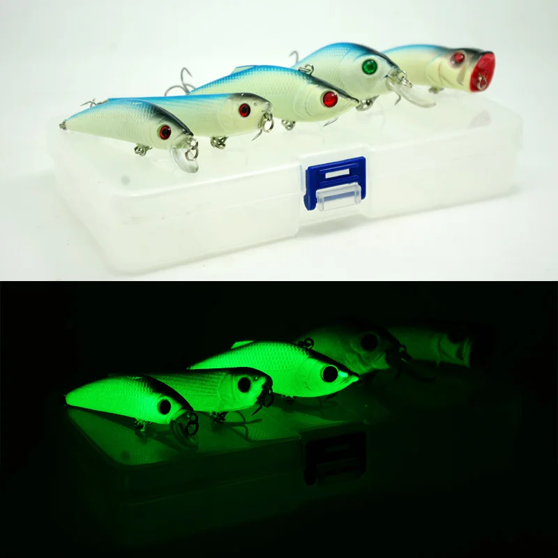 Night Fishing Lure Kit Blue Glow Luminous Crank Minnow Pencil Popper