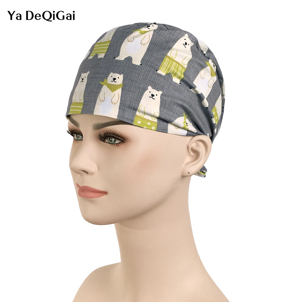 

IF 2019 New Print polar bear surgical caps elastic flat top medical cap operating room doctor nurse work caps beauty salon hats