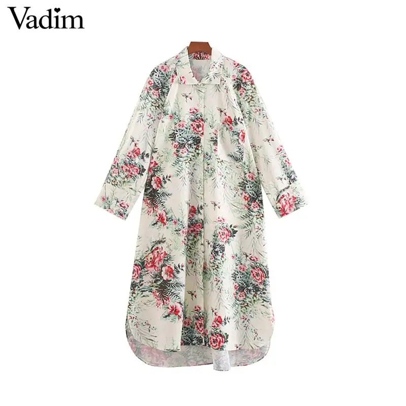 

Vadim women floral print mid calf dress long sleeve pocket design female casual vintage midi dresses vestidos mujer QC430