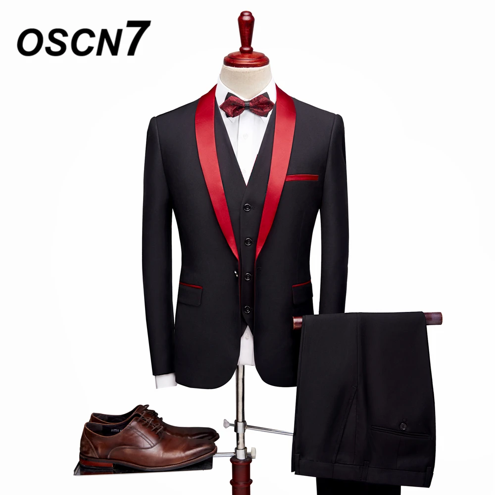 OSCN7 черный воротник-шаль Жених вечерние 3 предмета костюмы Для мужчин 2019 Формальные Повседневное Slim Fit костюм для мужчин смокинг Свадебные