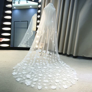 

Wedding veil 2019 new lace flower white ivory 3M veu de noiva longo real photo bridal veil cheap wedding accessories wholesale