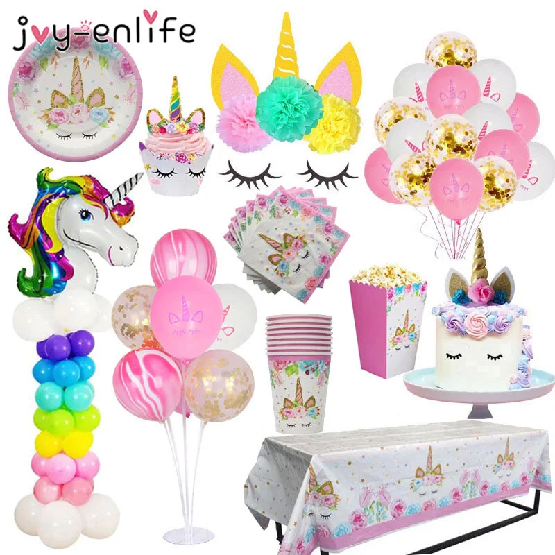

Unicorn Party Supplies Kids 1st Birthday Unicorn Tablecloth Paper Cups Napkin Banner Cake Topper Wedding Baby Shower Decorations