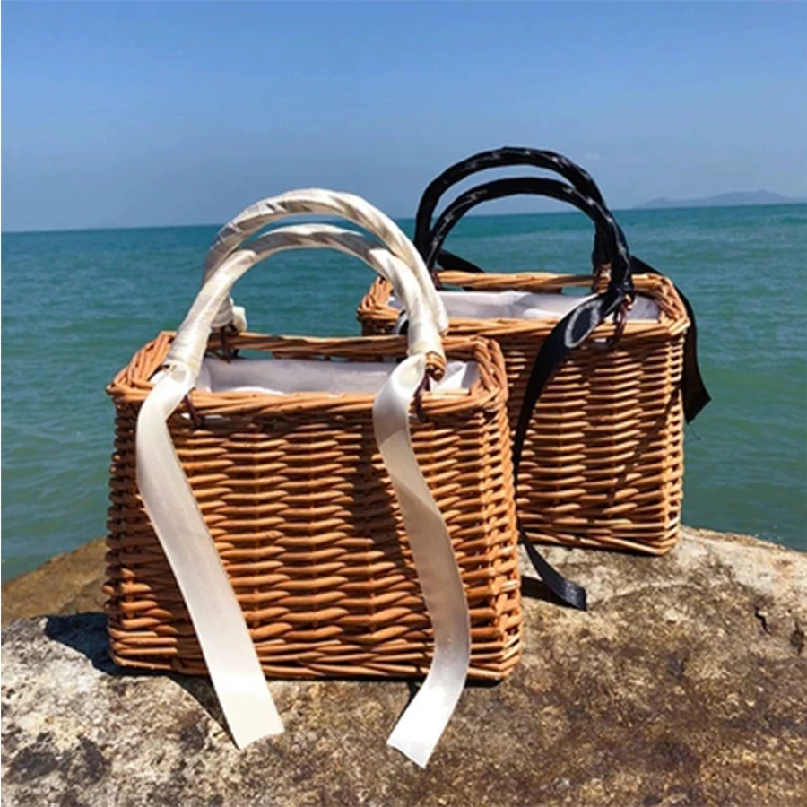 

Bohemian Rattan Woven Bags Ribbon Handmade Straw Bag Box Handbag Shoulder Messenger Bag Knitted Totes Beach Bags Bolsa Feminina