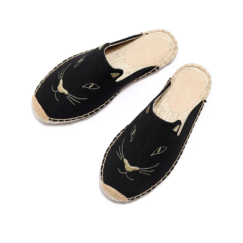 2019 Summer New Female Embroidery Cats Sippers Round Toe Lady Flat Espadrilles Slide Fisherman Shoes Slip On Women Beach Sandals (5)