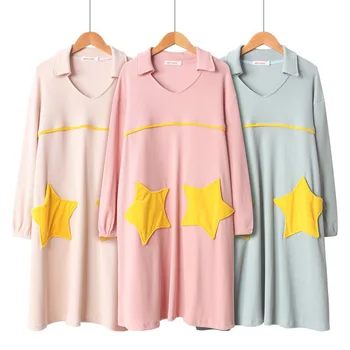 

Ladies Sleepwear New V-Neck Turn-down Collar Cute Star Nightgown Cotton Sleepdress 2019 Spring New Long Sleeved Soft Homewear