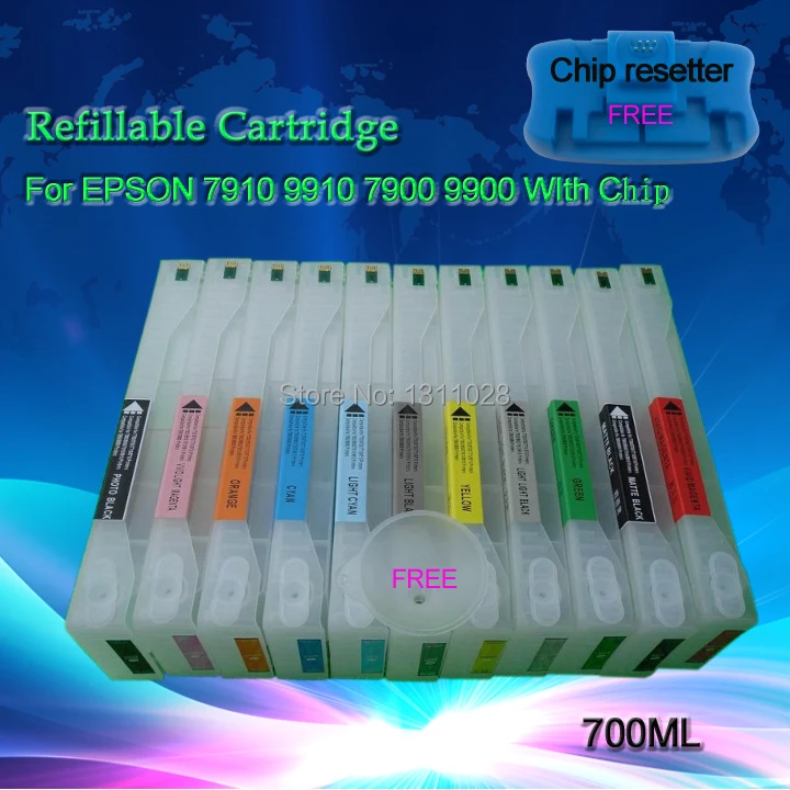 

INK WAY Stylus Pro 7910 9910 7900 9900 Empty Refillable Ink Cartridges(700ML ) , 11 PCS,1PC Chips resetter and 1 PC funnel free