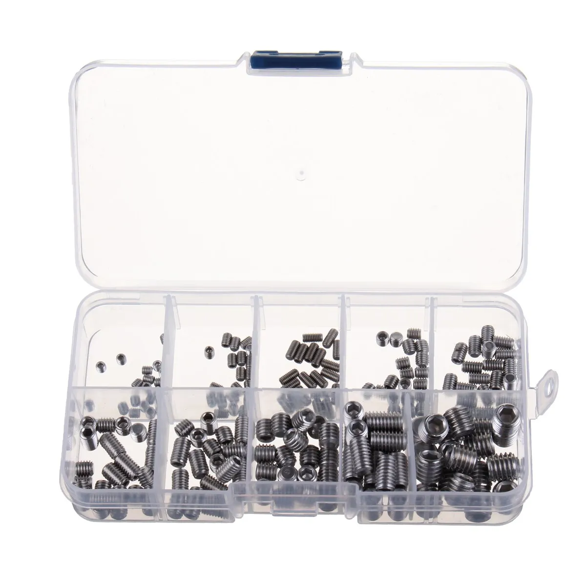 M3 M4 M5 M6 M8 Stainless Steel Grub Screw Assortment Kit with Storage Box 200PCs Cone Point Hex Socket Grub Screw Set