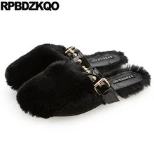 Круглый носок домашние тапочки мулы зима Китайский мех надевать заклепка женщин черный кролик Дамы красивые плоские туфли повседневная металл дам красивая Мода отправка капель весенняя осень европейская последние