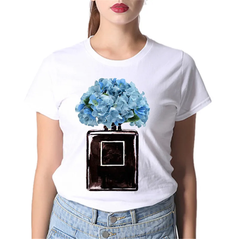 رواج نمط قميص برقبة مستديرة للنساء تي شيرت أبيض المتناثرة قصيرة الأكمام أعلى المحملات صديقة هدية