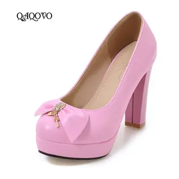 

2019 New Slyle Spring Autumn Women Shoes Bow Platform Shoes Pumps Square High Heels Slip On Party Shoes Female Plus Size 34-43
