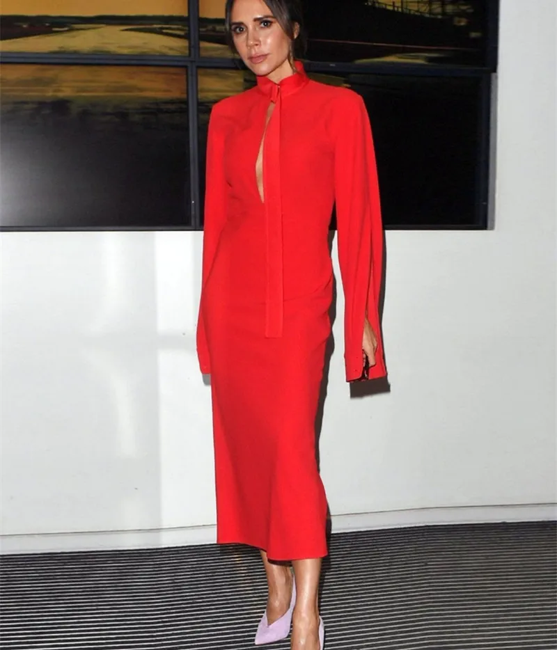 

Runway Designer 2019 Spring Summer Dresses Victoria Beckham Women V Neck Front Hollow Out Lace Up Solid Color Mermaid Dress