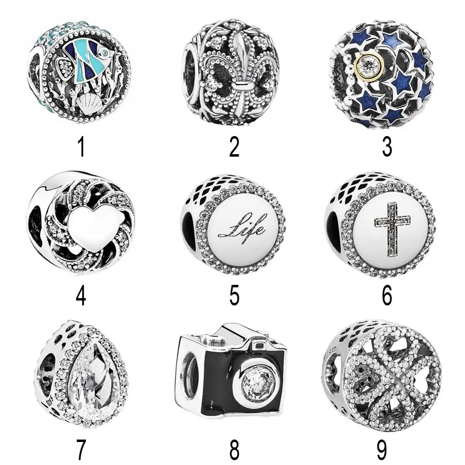 

925 Silver Beads Charms fit Pandora Bracelets Ocean Life With Fish Shell & Plant Beads Black Enamel Camera Faith Cross Charm DIY