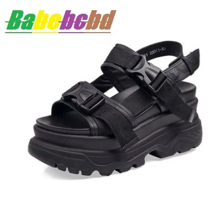 

European Station Thick-soled Sandals Summer 2019 New Knitted Belt with Leather Open Toe Button and Elevated Women's Shoes Muffin