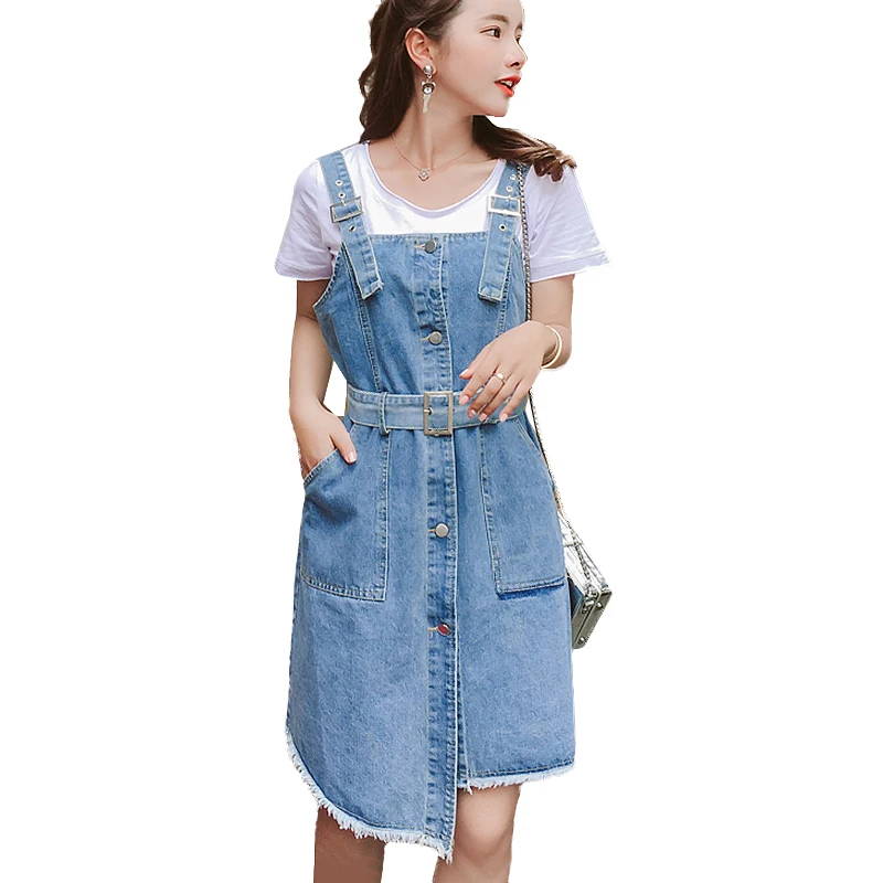 

2019 Summer Denim Dress Women Sleeveless Blue Midi Jeans dress with Belt Streetwear Plus Size A-line sundress Ladies vestidos