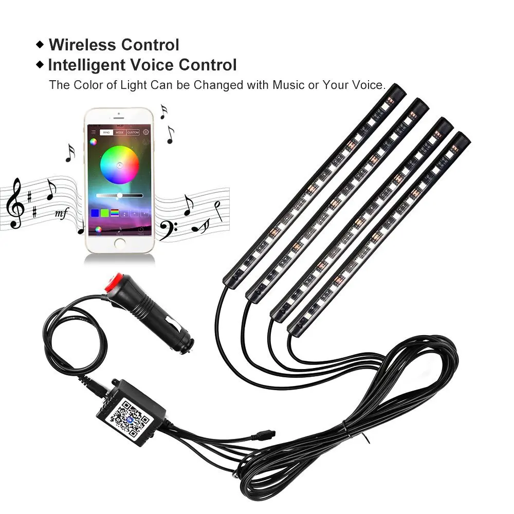 

Car LED Atmosphere Lamp Bluetooth App Controller Interior Lights Multi Color Music Car Strip Light Under Dash Lighting Kit