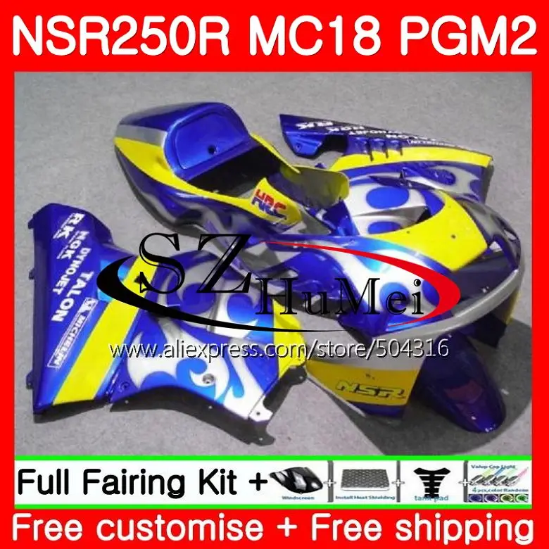 

MC18 For HONDA PGM2 NSR250 NSR 250 R NSR250R 88 89 124SH.10 MC16 NSR 250R NS250 RR NSR250RR Blue yellow 1988 1989 88 89 Fairing