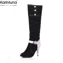 KARINLUNA/ г. Прямая поставка, большие размеры 34-43, модные женские вечерние сапоги женские сапоги до колена на высоком каблуке с мехом