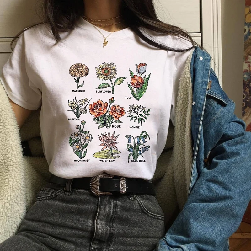 2019 fleurs sauvages graphique imprimé Floral Vogue Streetwear Blouses Sunshine Plant 90 s haut blanc chemise manches courtes Blusa Mujer Blouse