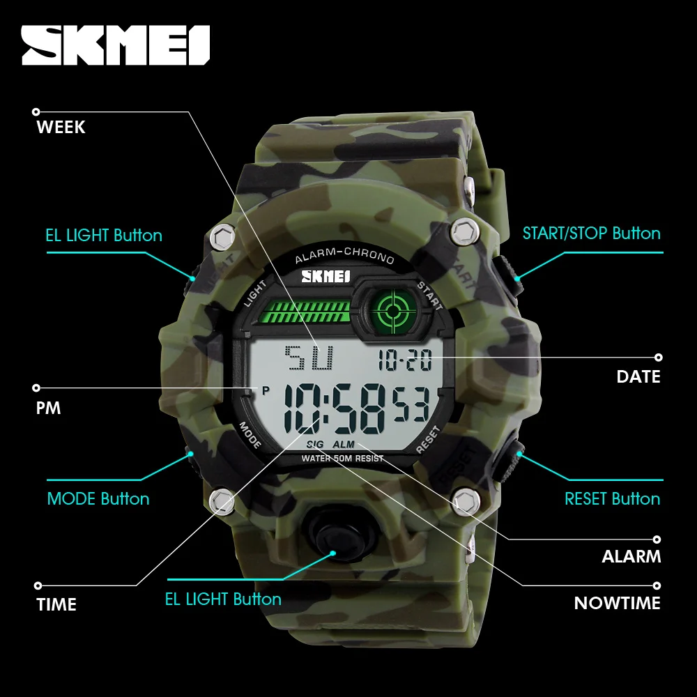 2017 SKMEI S Shock часы Для мужчин на открытом воздухе армейская камуфляжная Военная