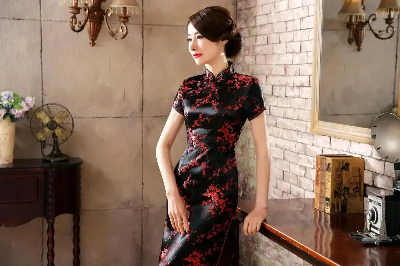 Черный, красный китайское традиционное платье Для женщин Cheongsam Qipao летние шорты рукавом длинное платье цветок размеры S M L XL XXL 3XL 020204