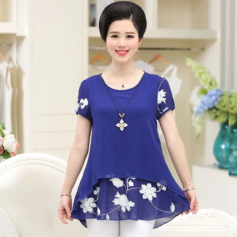 

Summer Silk Chiffon Shirt Plus Size Floral Printed Elegant Women's Short Sleeve Fake two pieces Loose Blouse