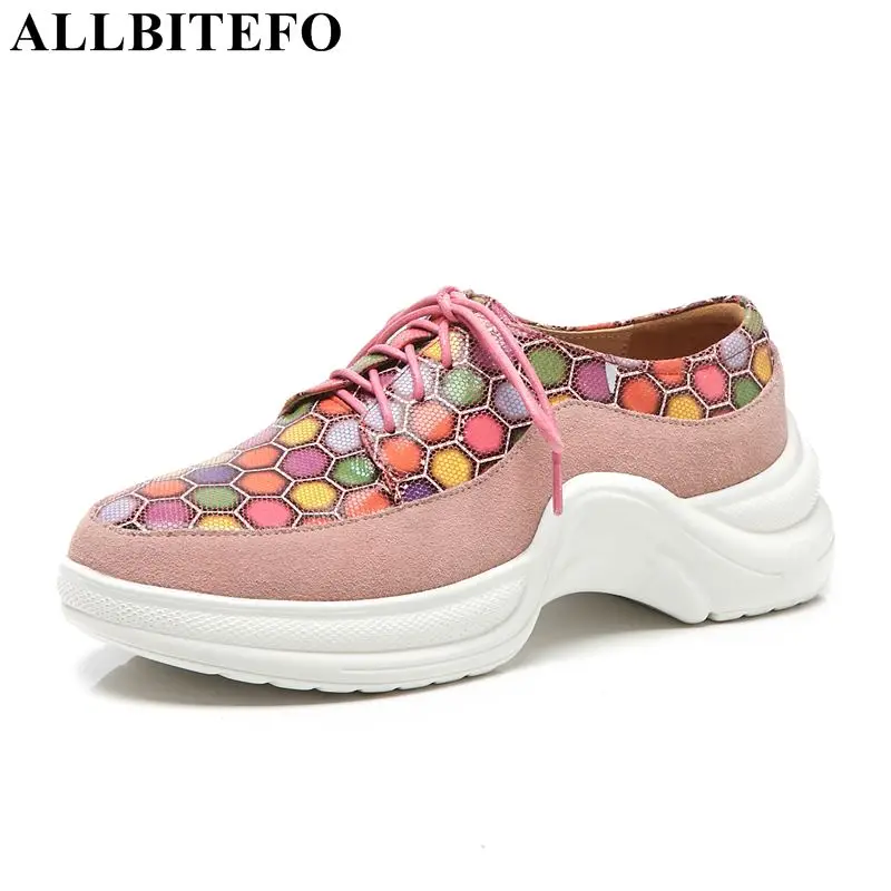 

ALLBITEFO Special materials+ genuine leather women flats mixed colors colorful fashion sport sneakers wedges platform flat shoes