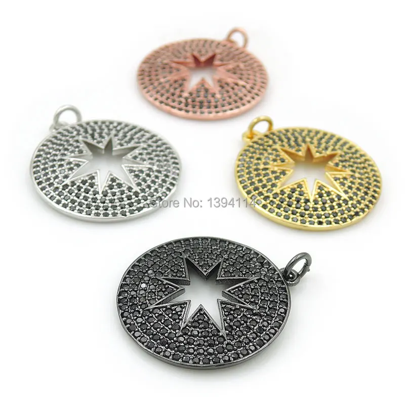 

24*24*2mm Micro Pave Black CZ Round Charm With Hollow Octagram Fit For Making DIY Bracelets Or Necklaces Jewelry