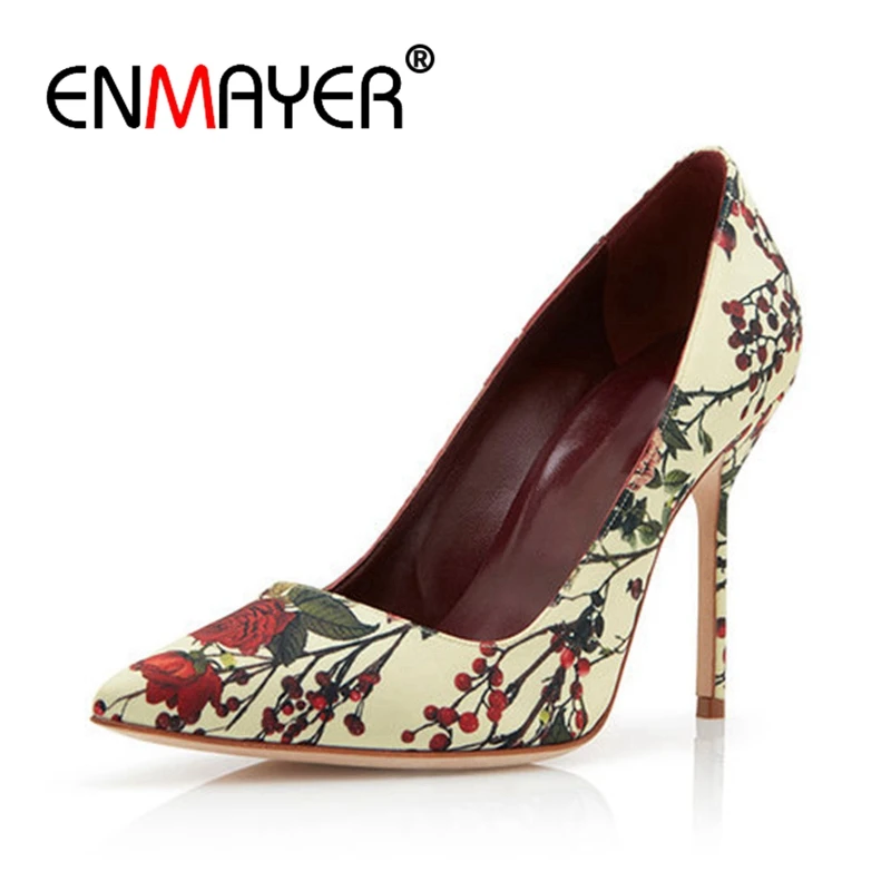 

ENMAYER Women Pumps High Heels Shoes Woman Summer Pointed Toe Slip-on Size 34-39 Causal Rose Printed Satin Pumps for woman CR767