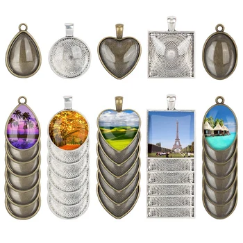

60 Pieces 5 Styles Pendant Trays 30Pcs Round & Square & Heart & Teardrop & Oval And 30Pcs Bright Glass Cabochon Dome Tiles For