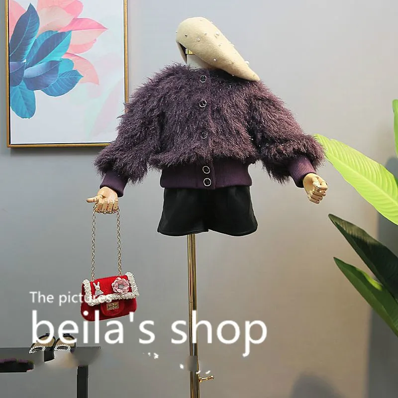 

Children's clothing 2018 autumn new girls ladies style solid color fur stitching single-breasted knit sweater cardigan