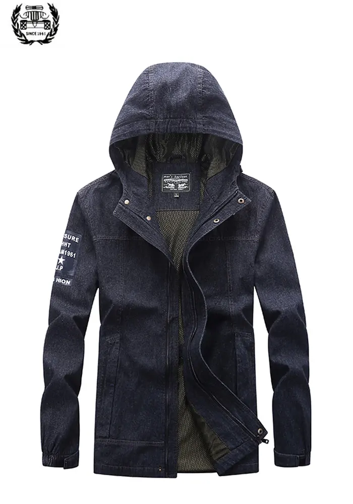 

M~4XL 2019 Autumn Spring Brand Denim Hooded Jacket Thin Asia Size Drop Shipping Jackets Coats Men Casual Solid Color Military
