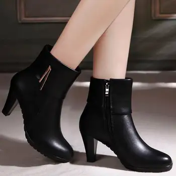 

Genuine Leather Ankle Boots Women Winter Shoes Female Round Toe High Heel Fashion Boots Black Large Size 26-61