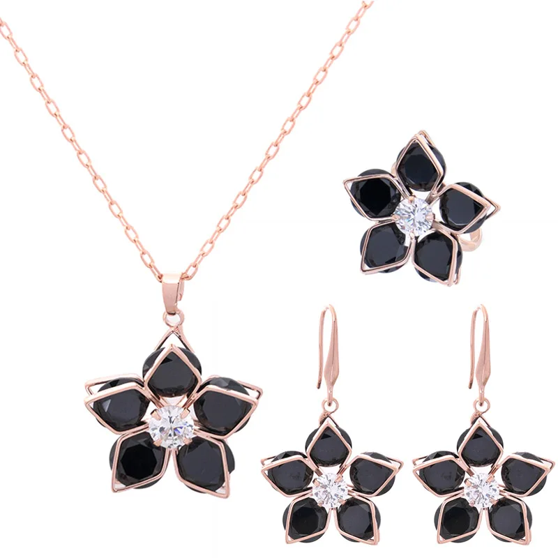 

Engagement Gold Color Jewellery New Fashion Wedding Vintage Crystal Flower Pendant Necklace Set Women India Jewelry Sets