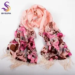 [BYSIFA] женские розовые шерстяные шарфы пашмины новый бренд розы узор кисточкой Длинный шарф шаль зимние теплые Panuelo