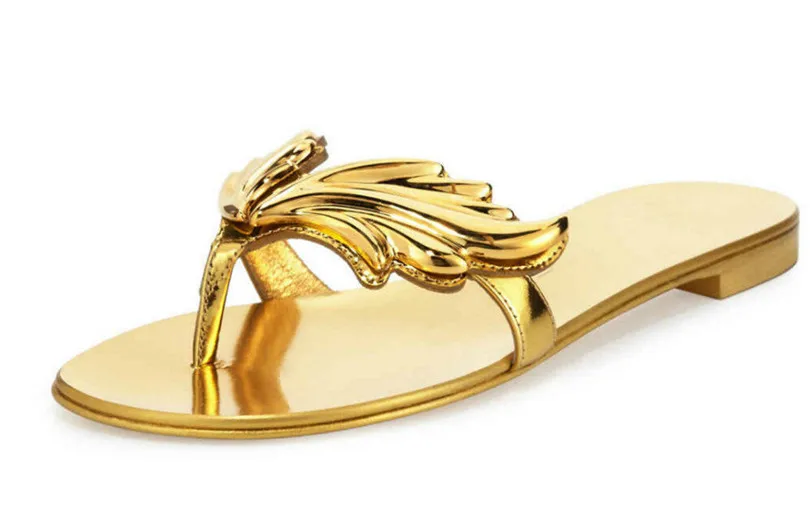 

2017 New Fashion Women Leaves Big Size 42 Beach Ladies Sandals Golden Silver Red Flip Flops Flame Wings Shoes Women Slippers