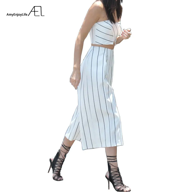 

AEL Black and White Striped Sexy Bra Wide Leg Pants Women Suit 2017 Summer Cool Elegant Slim Street Fashion Ladies Clothing
